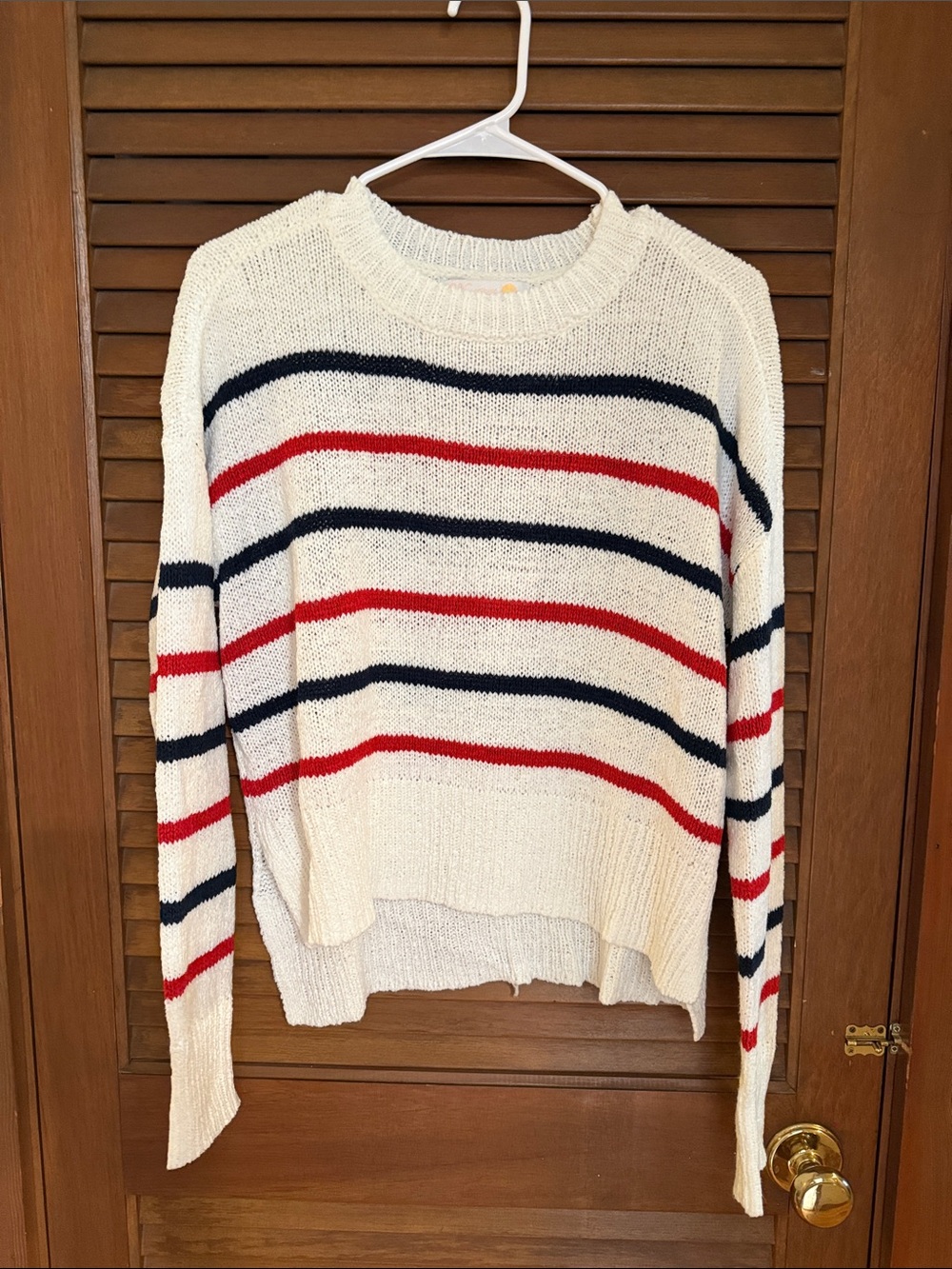 C&C California Cream Crewneck Sweater with Red & Navy Stripes